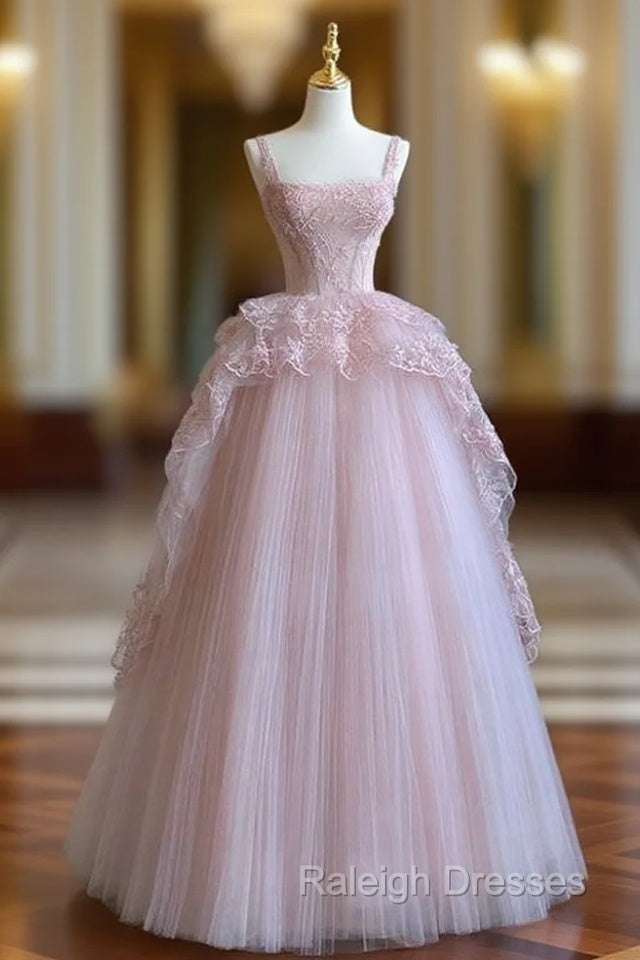 Pink tulle lace long prom dress, pink evening dress Main image