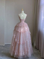 Pink Tulle Lace Long Prom Dress, Pink Evening Dress