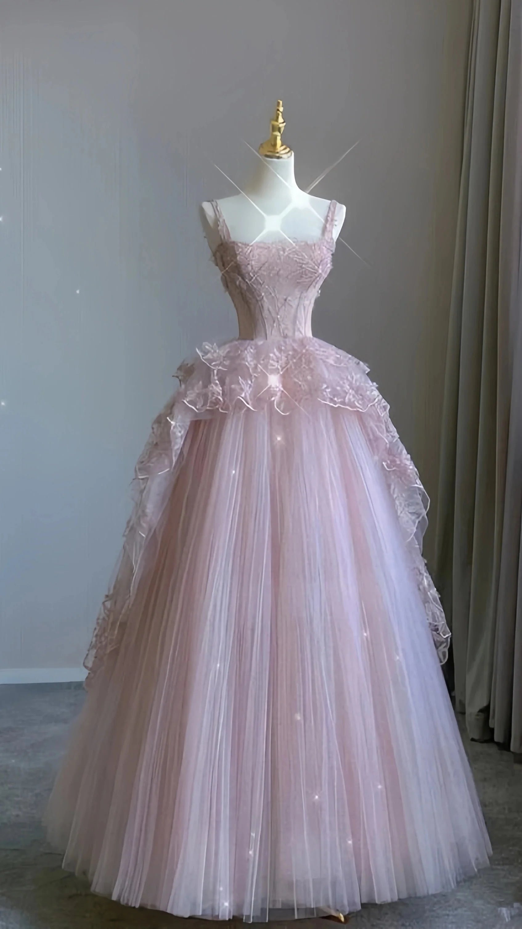 Pink Tulle Lace Long Prom Dress, Pink Evening Dress Birthday Dresses Main image