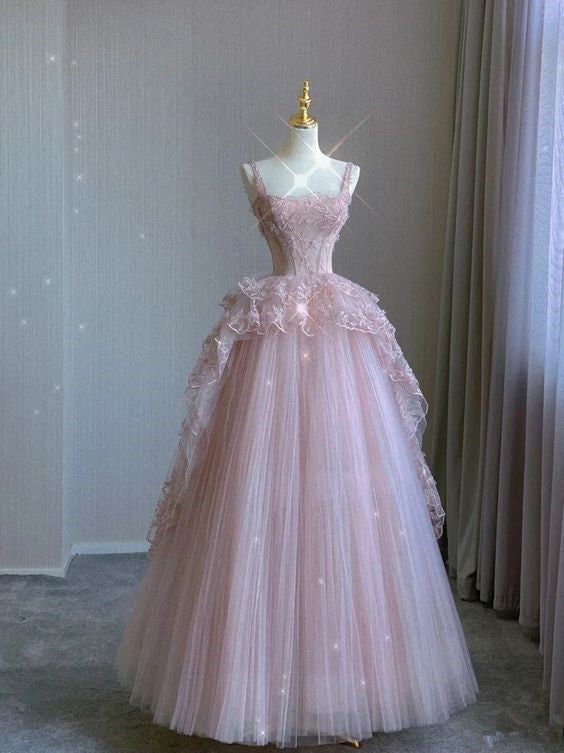 Pink Tulle Lace Long Prom Dress, Pink Evening Dress Main image