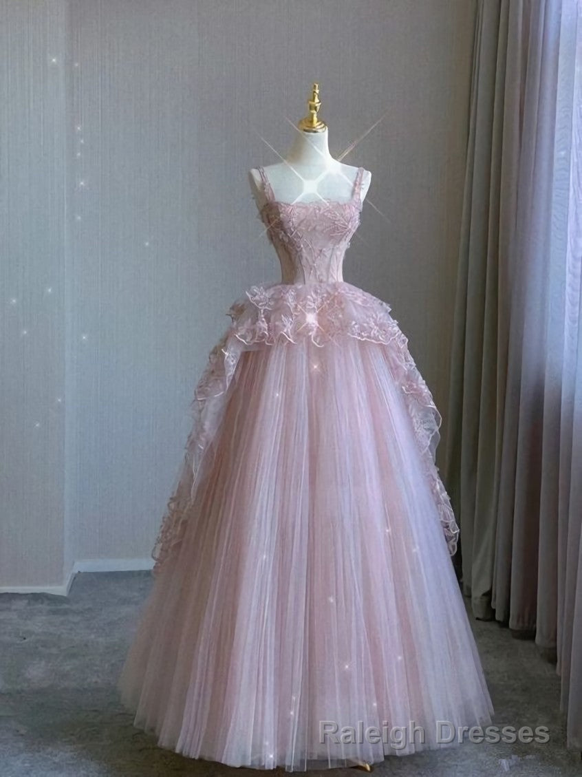 Pink tulle lace long prom dress, pink evening dress Main image