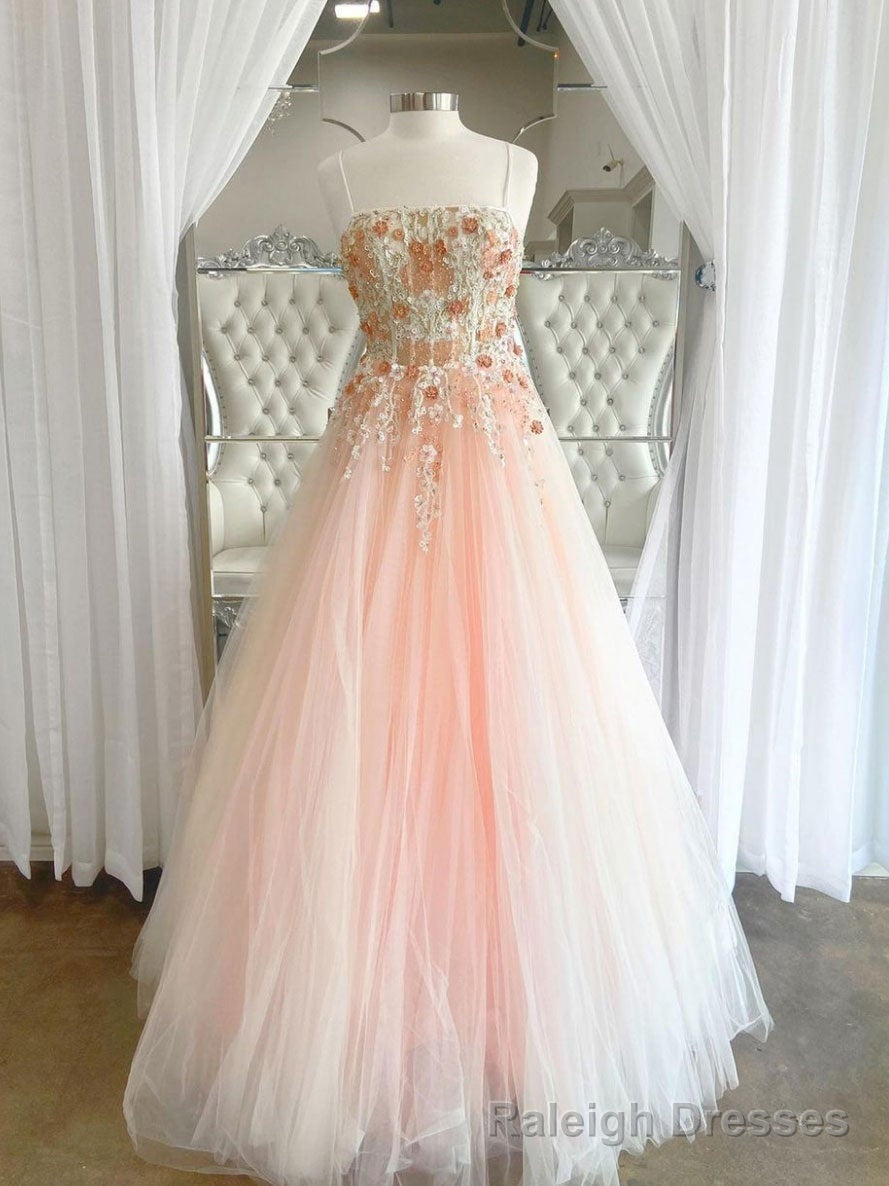 Pink tulle lace long prom dress, pink lace long evening dress Main image