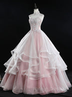 Pink Tulle Lace Long Prom Dress, Pink Sweet 16 Dress