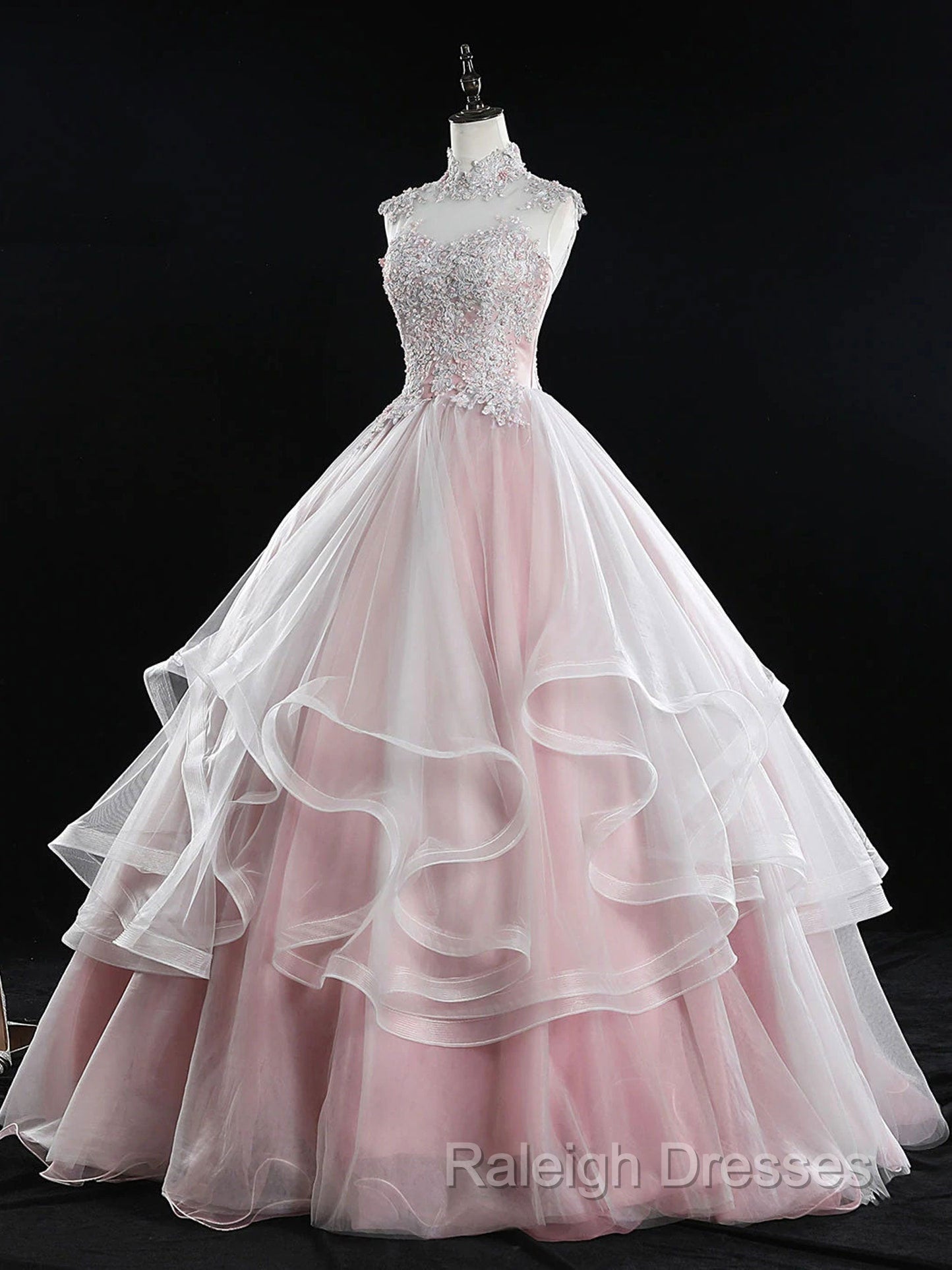 Pink Tulle Lace Long Prom Dress, Pink Sweet 16 Dress
