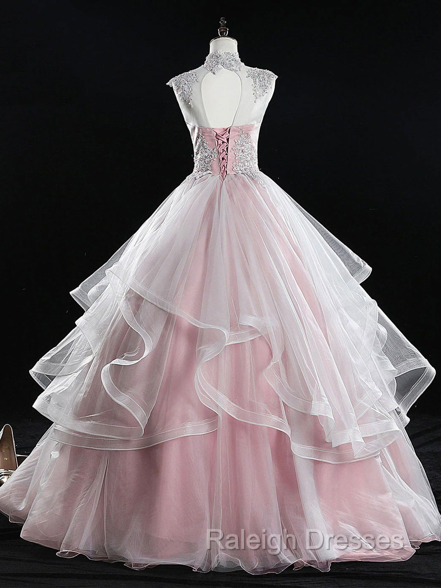 Pink Tulle Lace Long Prom Dress, Pink Sweet 16 Dress