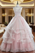 Pink Tulle Lace Long Prom Dress, Pink Sweet 16 Dress