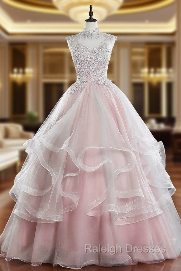 Pink Tulle Lace Long Prom Dress, Pink Sweet 16 Dress