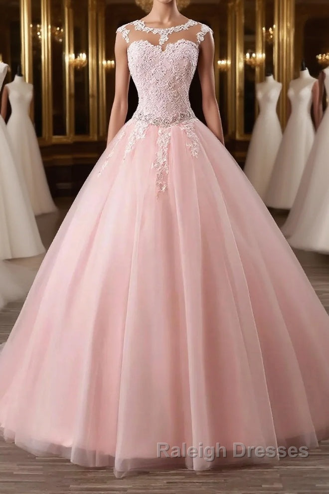 Pink tulle lace long prom dress, pink tulle evening dress Main image