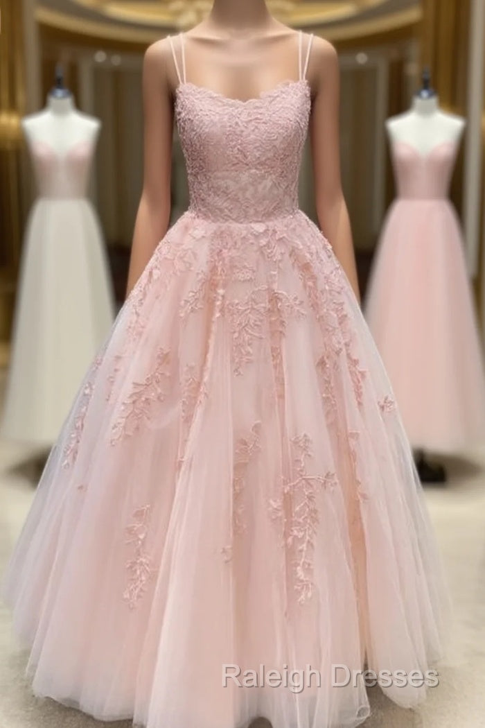 Pink Tulle Lace Long Prom Dress, Pink Tulle Lace Evening Dress Main image