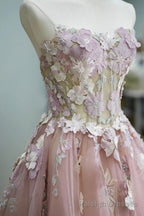 Pink Tulle Lace Long Prom Dress, Strapless A-Line Evening Graduation Dress