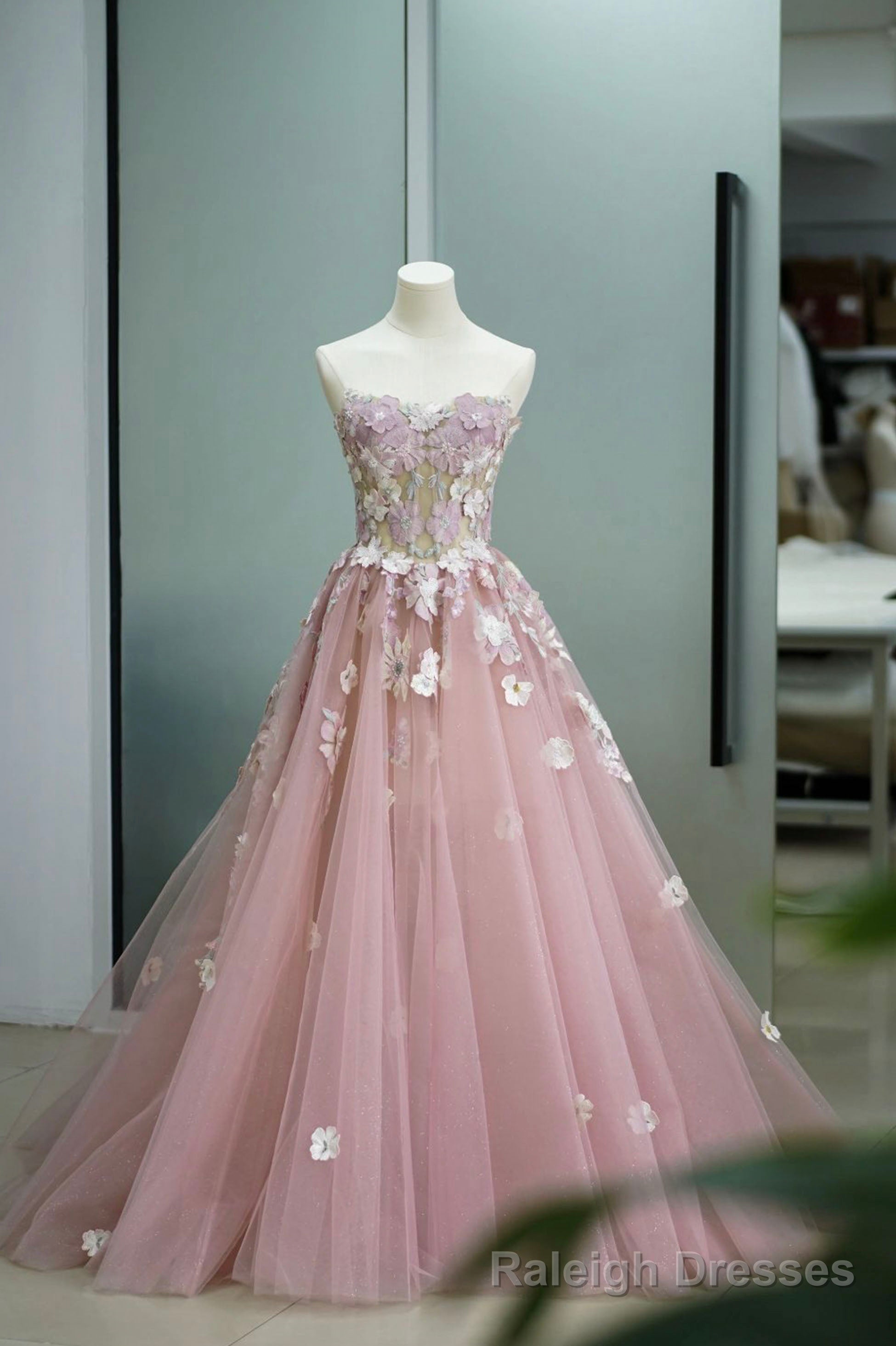 Pink Tulle Lace Long Prom Dress, Strapless A-Line Evening Graduation Dress Main image