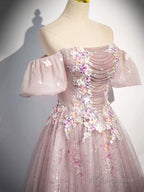 Pink Tulle Lace Prom Dresses Long With Beaded A-Line Off The Shoulder Prom Dresses