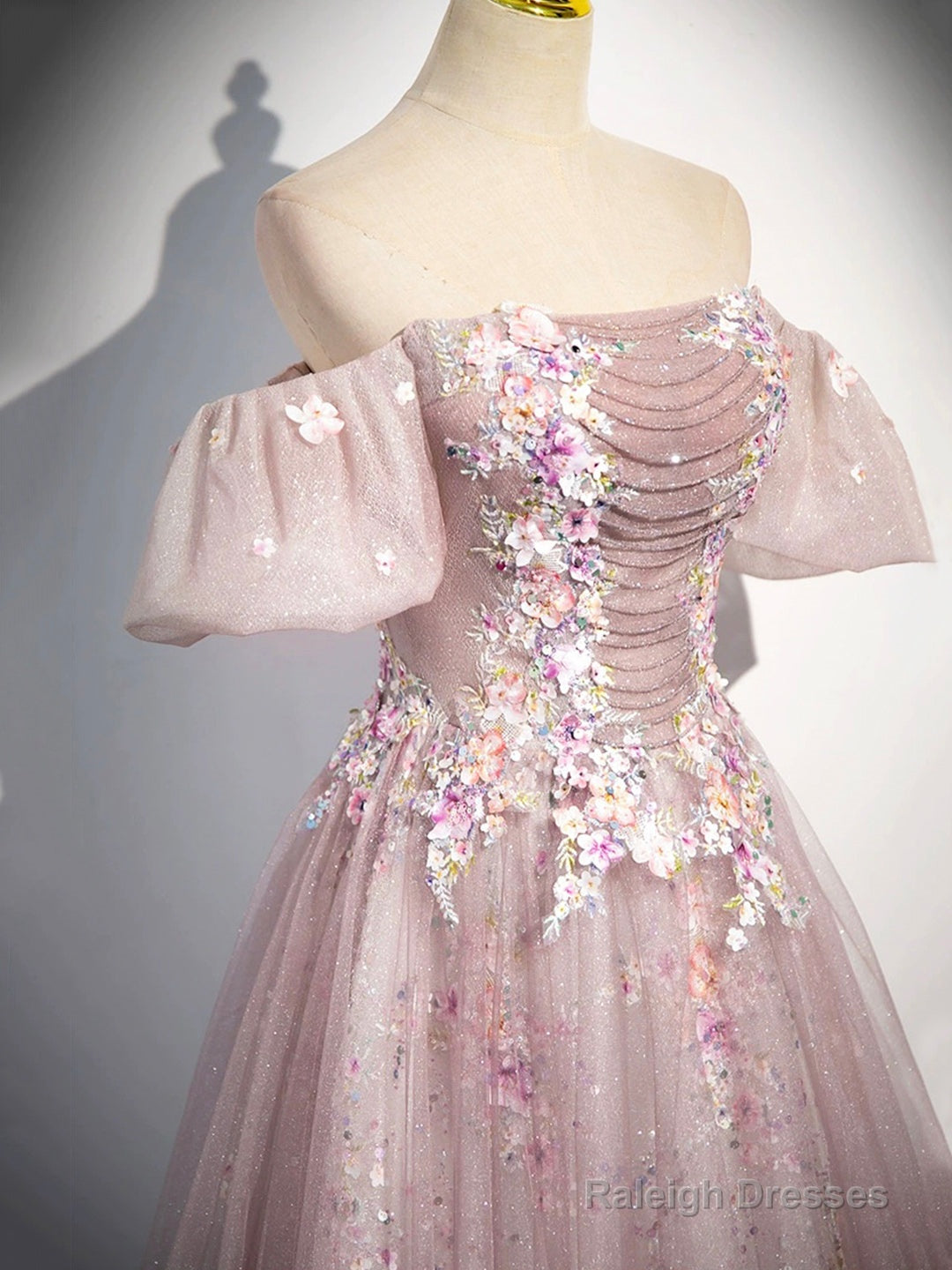 Pink Tulle Lace Prom Dresses Long With Beaded A-Line Off The Shoulder Prom Dresses