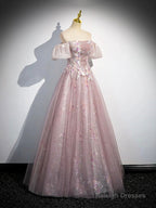 Pink Tulle Lace Prom Dresses Long With Beaded A-Line Off The Shoulder Prom Dresses