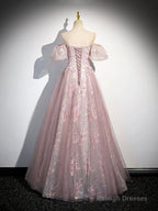 Pink Tulle Lace Prom Dresses Long With Beaded A-Line Off The Shoulder Prom Dresses