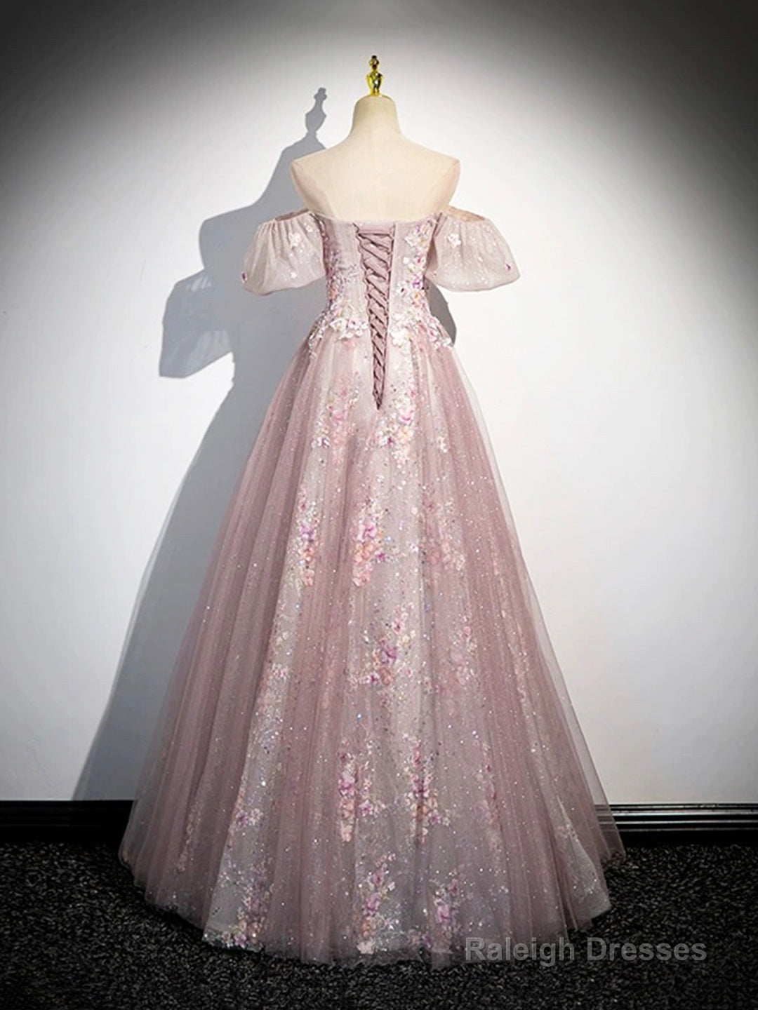 Pink Tulle Lace Prom Dresses Long With Beaded A-Line Off The Shoulder Prom Dresses