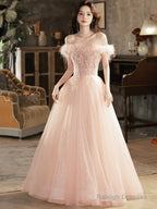 Pink Tulle Lace Prom Dresses Long With Feathers Off Shoulder Pink Prom Dresses