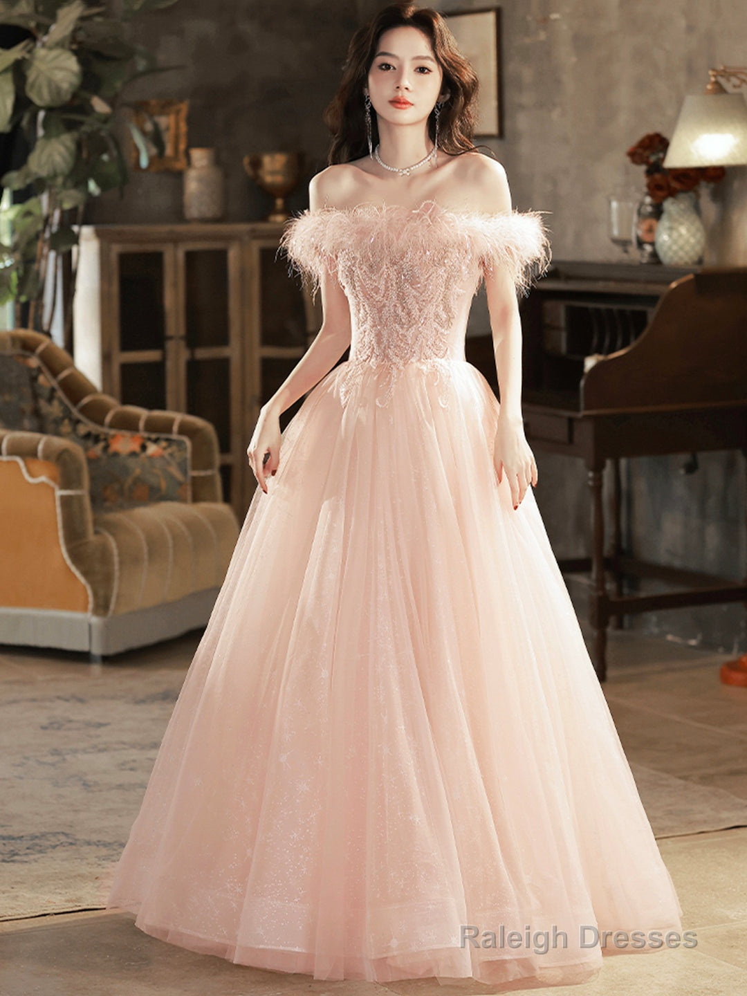 Pink Tulle Lace Prom Dresses Long With Feathers Off Shoulder Pink Prom Dresses