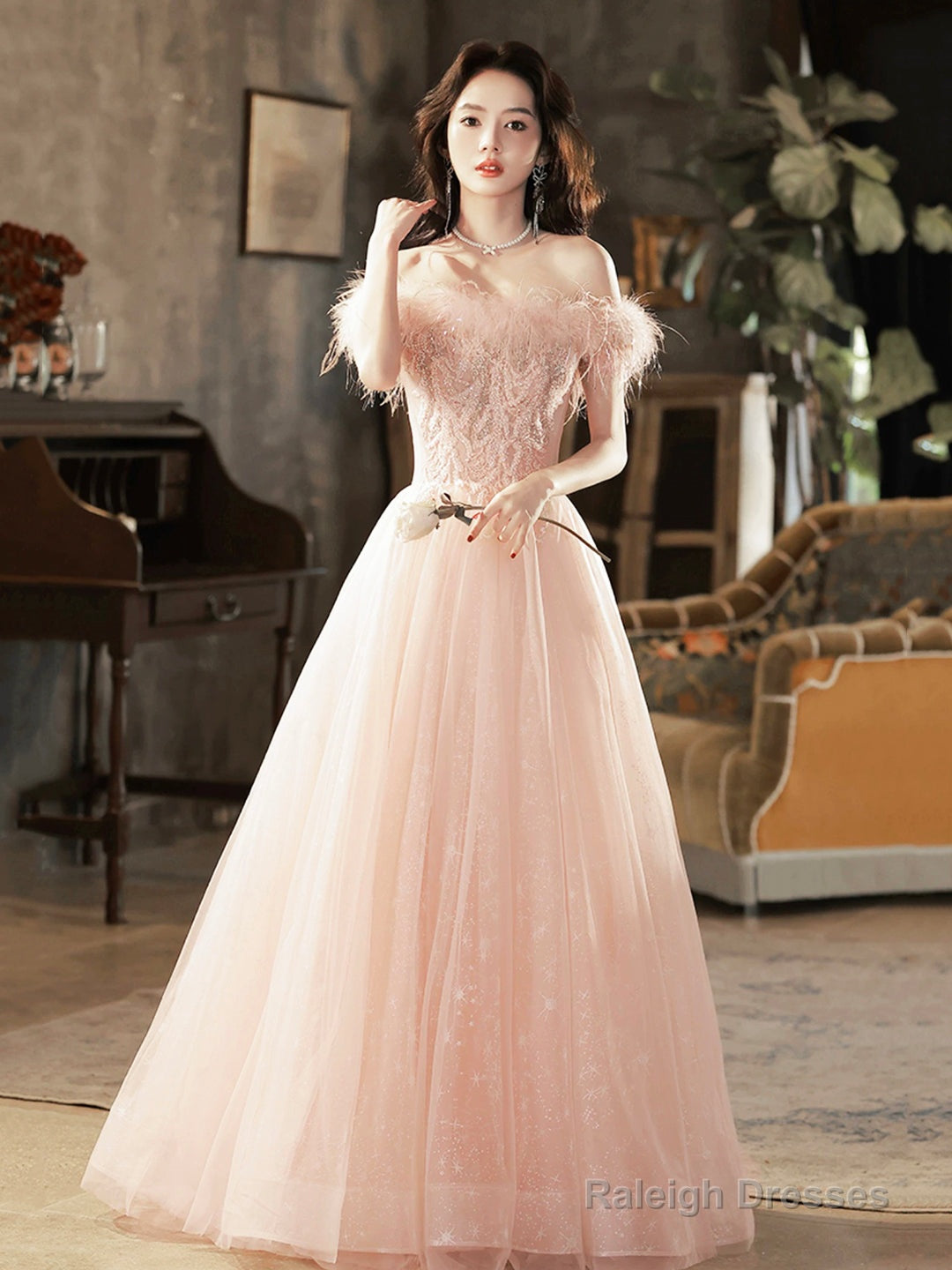 Pink Tulle Lace Prom Dresses Long With Feathers Off Shoulder Pink Prom Dresses