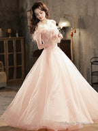 Pink Tulle Lace Long Prom Dress With Feathers, Off Shoulder Pink Evening Dress
