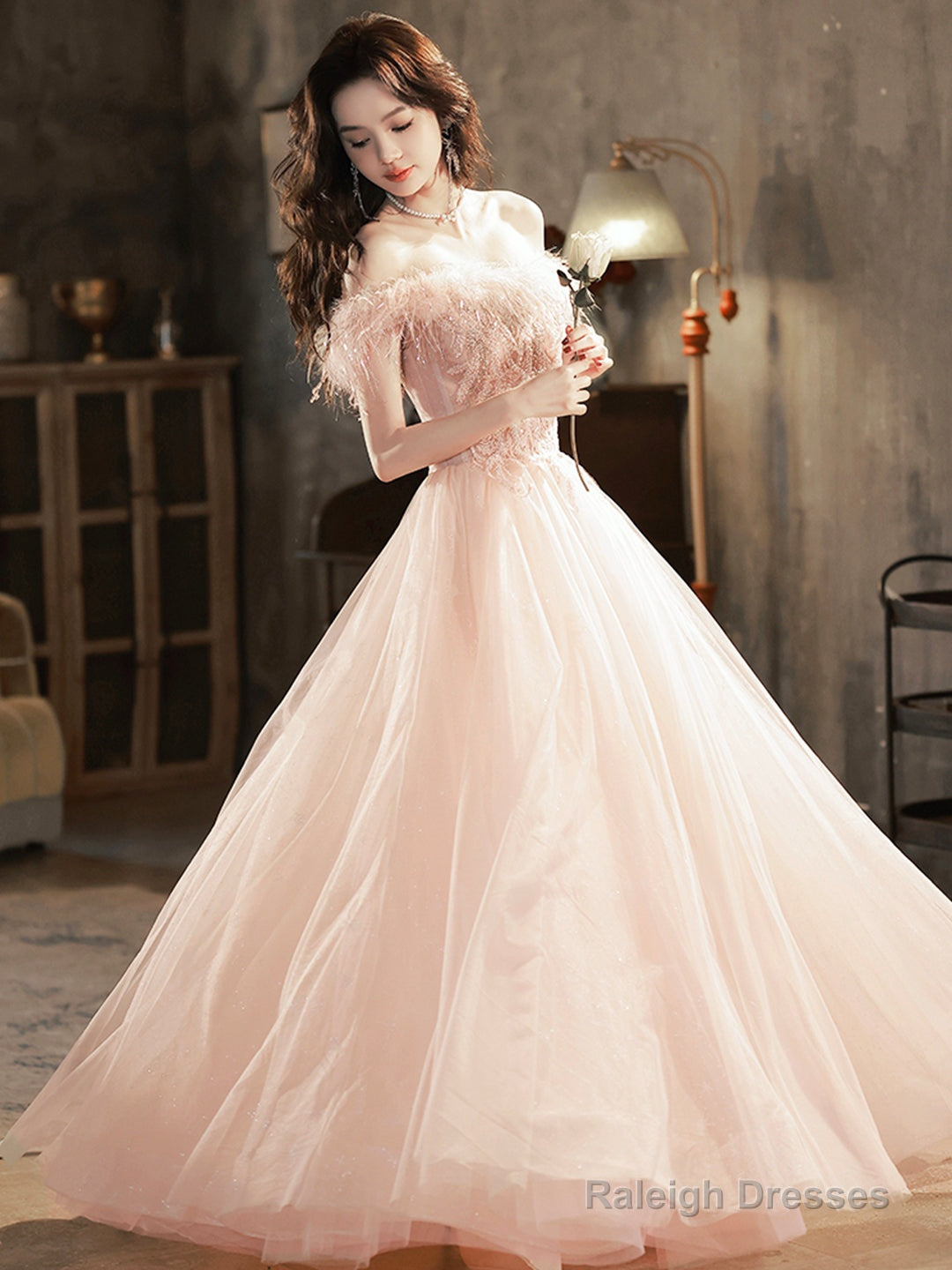 Pink Tulle Lace Long Prom Dress With Feathers, Off Shoulder Pink Evening Dress