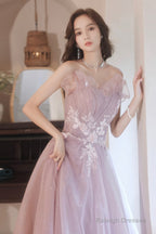 Pink Tulle Lace Long Prom Dresses, A-Line Evening Dresses