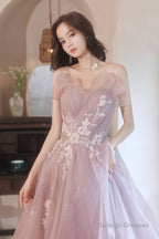 Pink Tulle Lace Long Prom Dresses, A-Line Evening Dresses