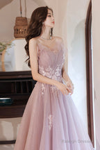 Pink Tulle Lace Long Prom Dress A-Line Prom Dress