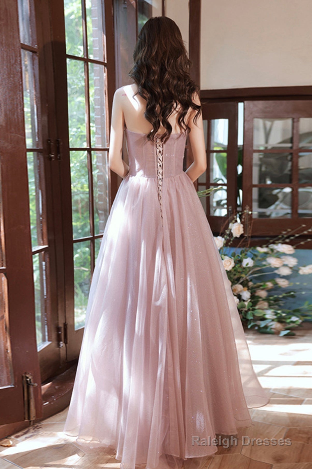 Pink Tulle Lace Long Prom Dresses, A-Line Evening Dresses