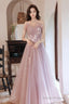 Pink Tulle Lace Long Prom Dresses, A-Line Evening Dresses