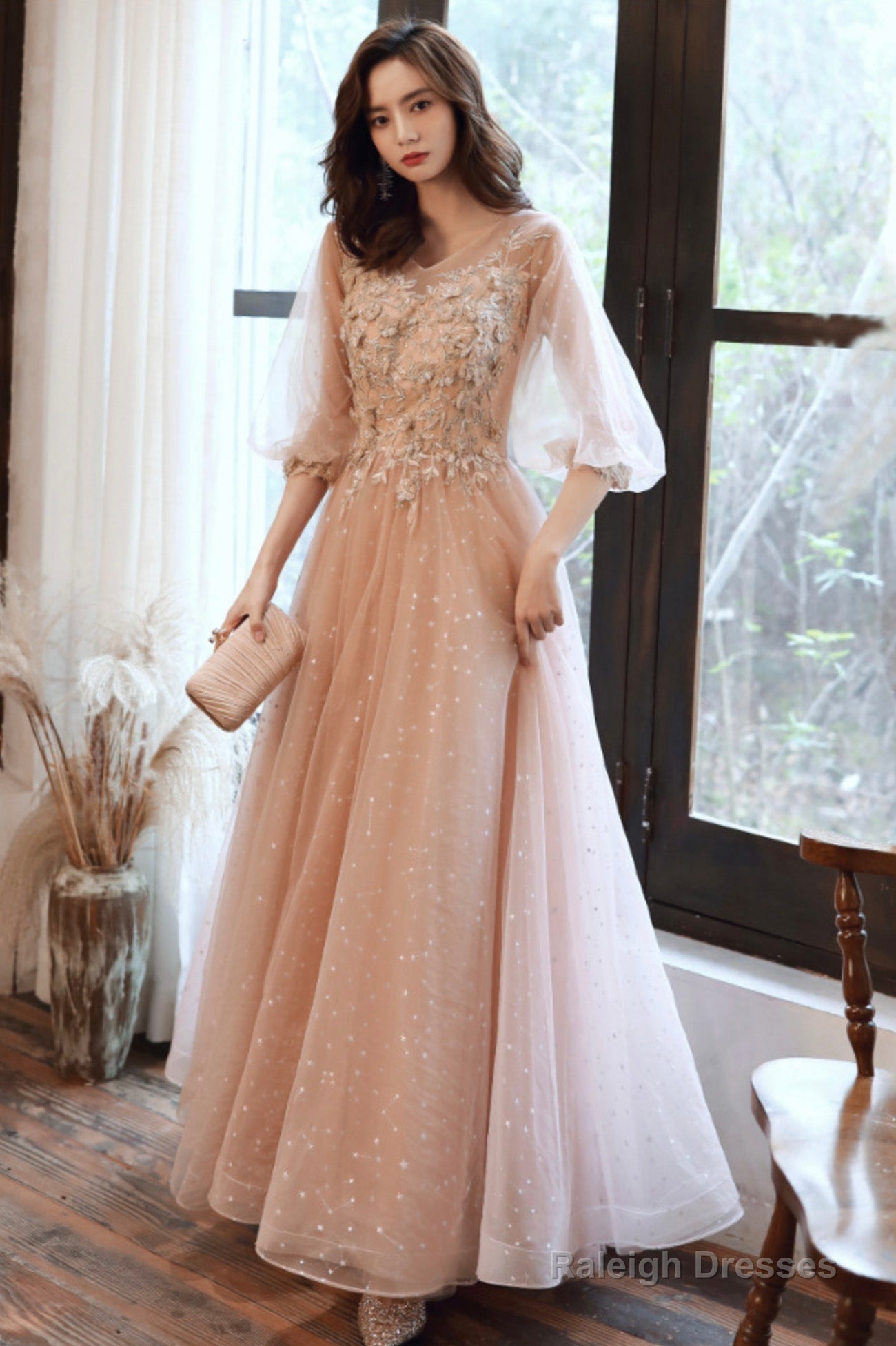 Pink Tulle Lace Long Prom Dress A-Line Long Sleeve Prom Dress Secondary image