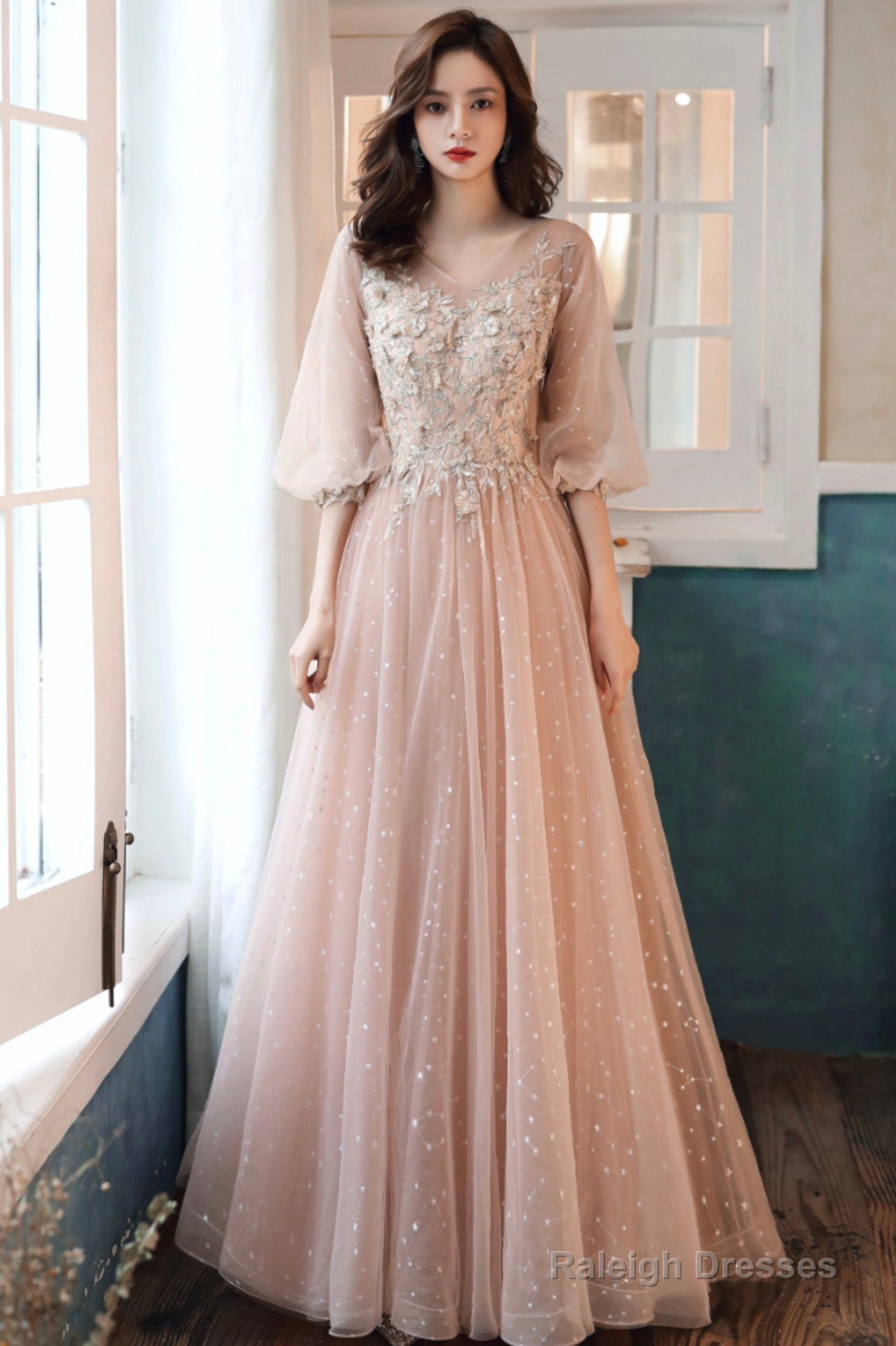 Pink Tulle Lace Long Prom Dresses, A-Line Long Sleeve Evening Dresses