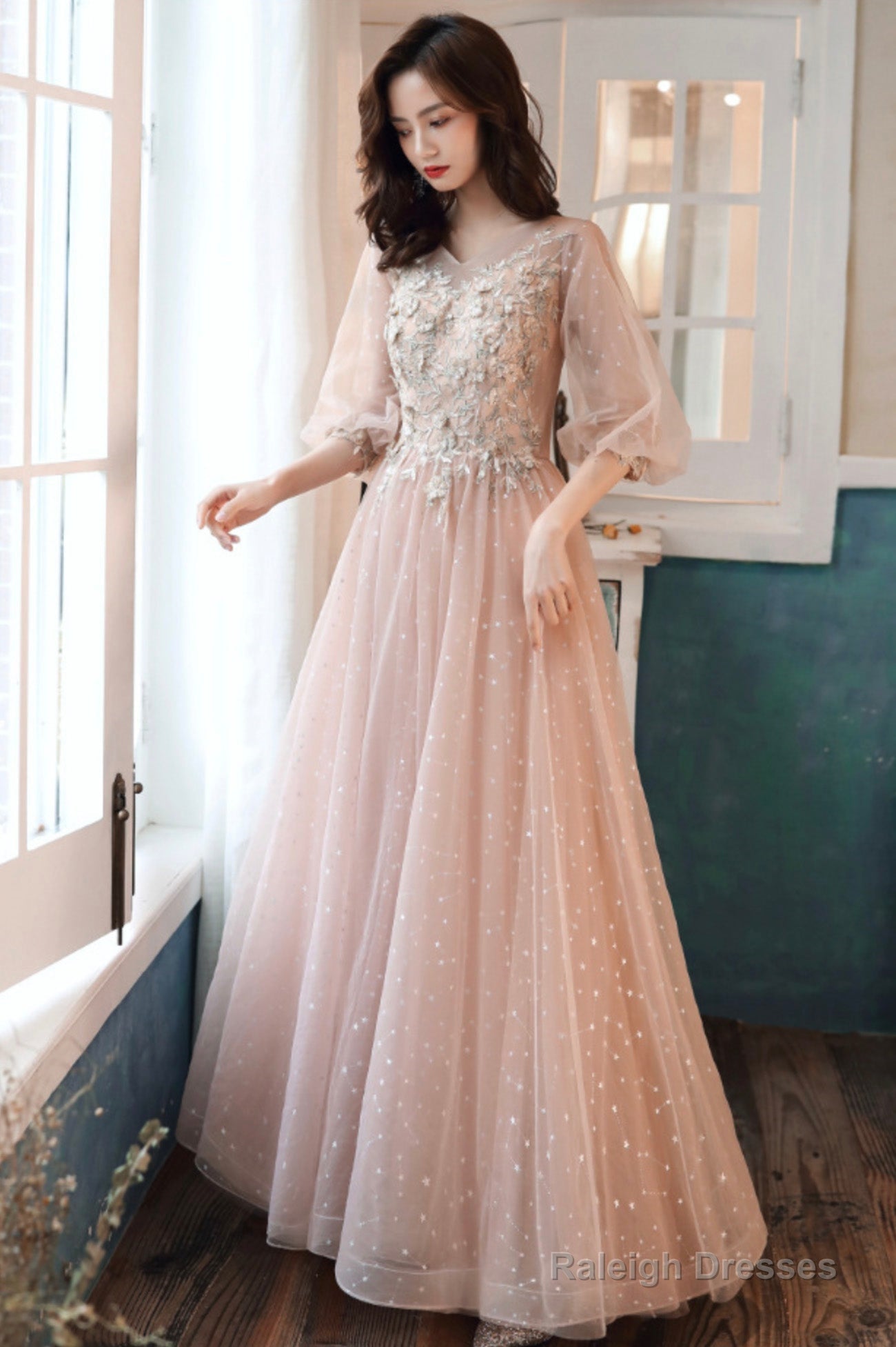 Pink Tulle Lace Long Prom Dresses, A-Line Long Sleeve Evening Dresses