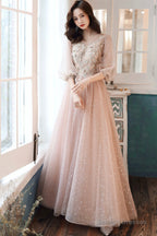 Pink Tulle Lace Long Prom Dress A-Line Long Sleeve Prom Dress