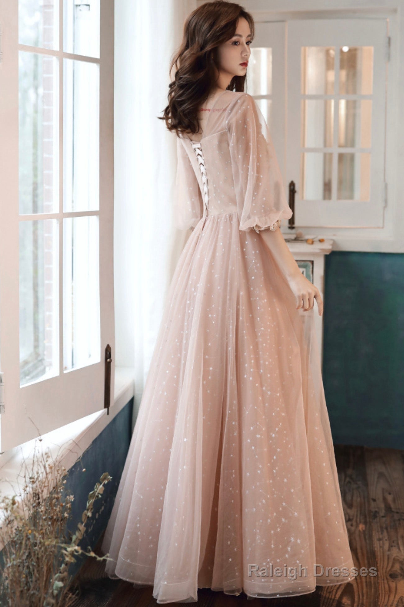 Pink Tulle Lace Long Prom Dresses, A-Line Long Sleeve Evening Dresses