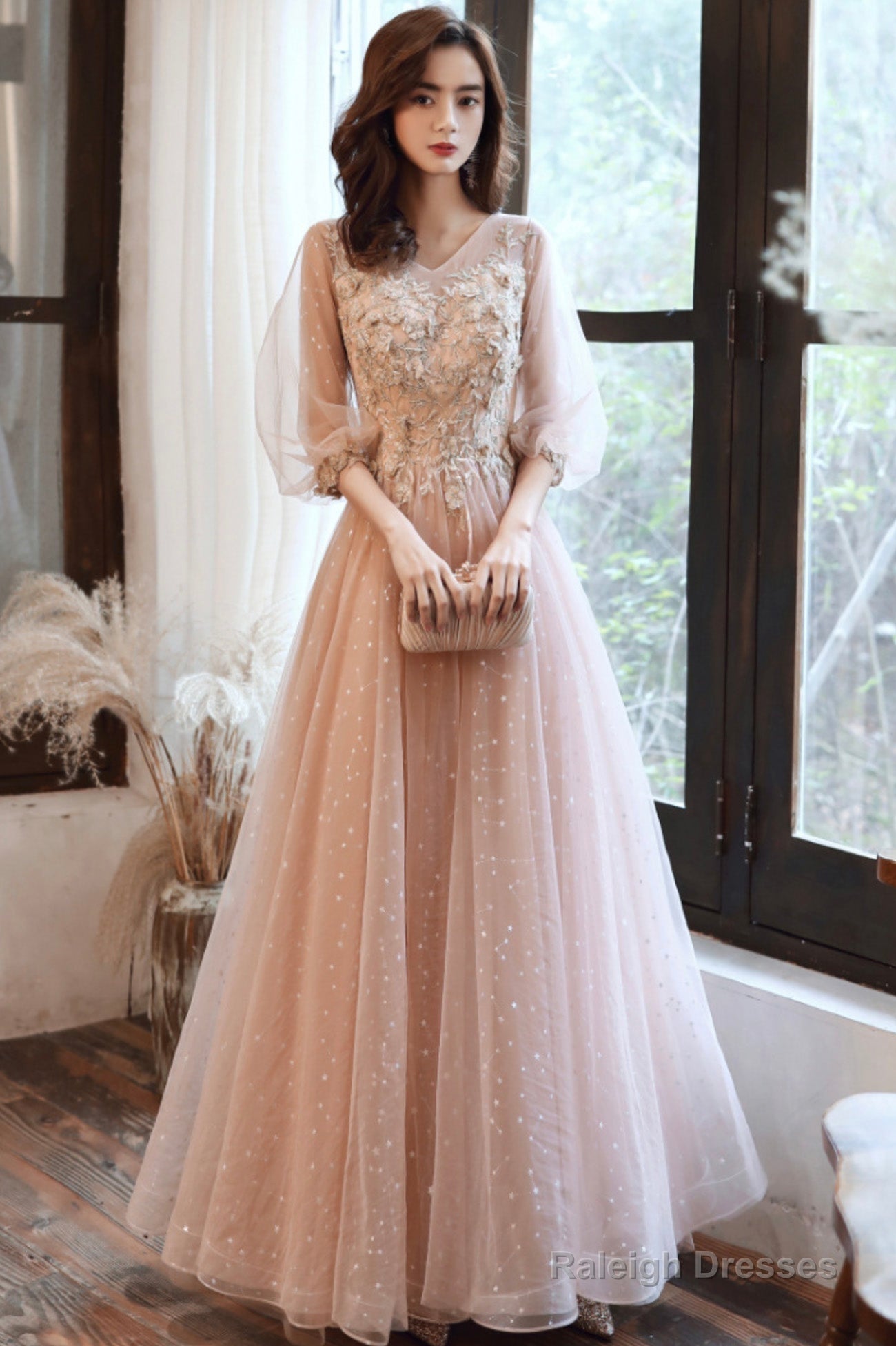 Pink Tulle Lace Long Prom Dresses, A-Line Long Sleeve Evening Dresses Main image