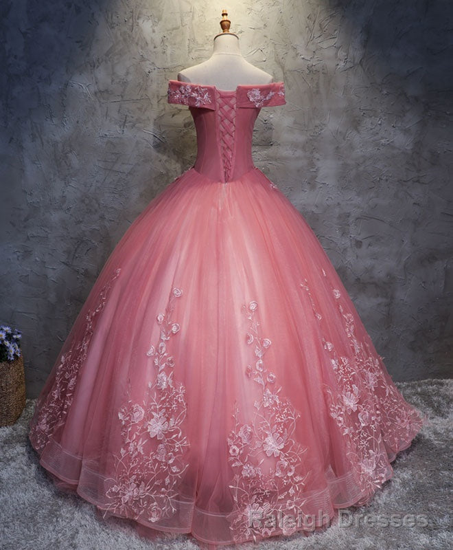 Pink Tulle Lace Off Shoulder Long Prom Dress Pink Tulle Evening Dress Secondary image