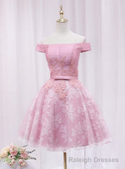 Pink Tulle Lace Off the Shoulder Appliques Homecoming Dress