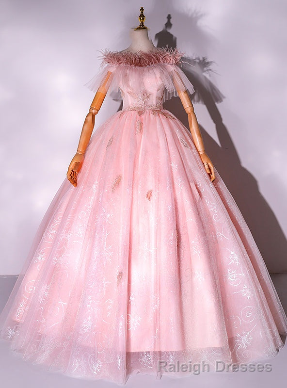 Pink Tulle Lace Off the Shoulder Feather uinceanera Dress Main image