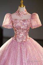 Pink Tulle Lace Princess Dresses Beautiful A-Line Prom Dresses Sweet 16 Dresses