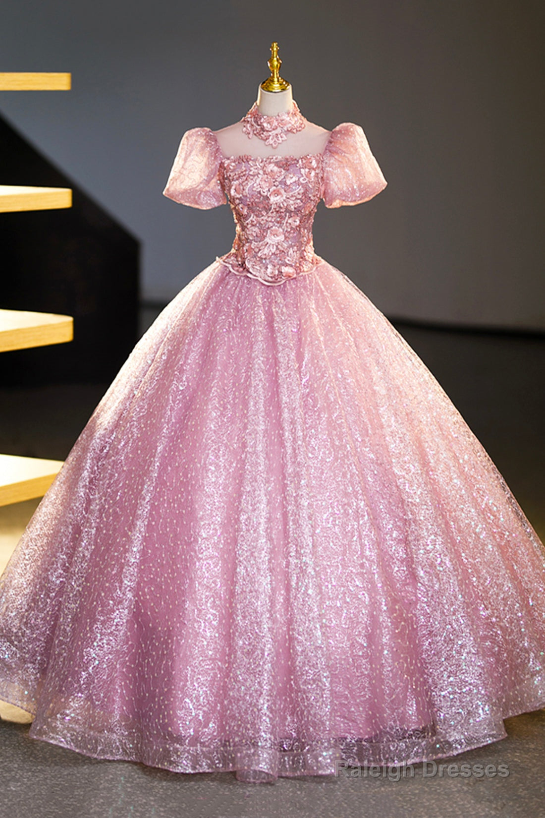 Pink Tulle Lace Princess Dress, Beautiful A-Line Evening Dress Sweet 16 Dress Main image