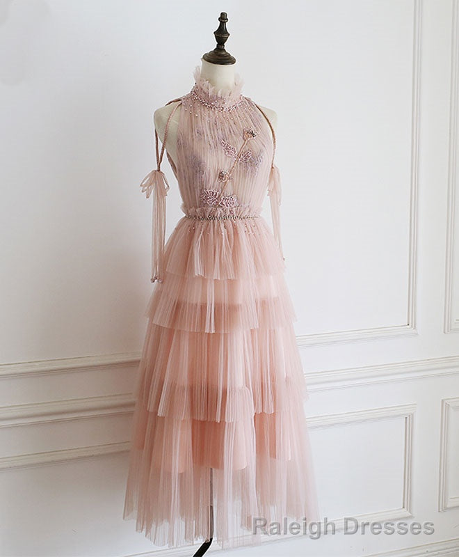 Pink Tulle Lace Prom Dress, Tulle Lace Homecoming Dress Main image
