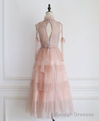 Pink Tulle Lace Prom Dress, Tulle Lace Homecoming Dress