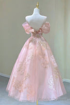 Pink Tulle Lace Short A Line Prom Dress, Cute Off the Shoulder Prom Dress