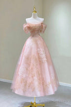 Pink Tulle Lace Short A Line Prom Dress, Cute Off the Shoulder Prom Dress