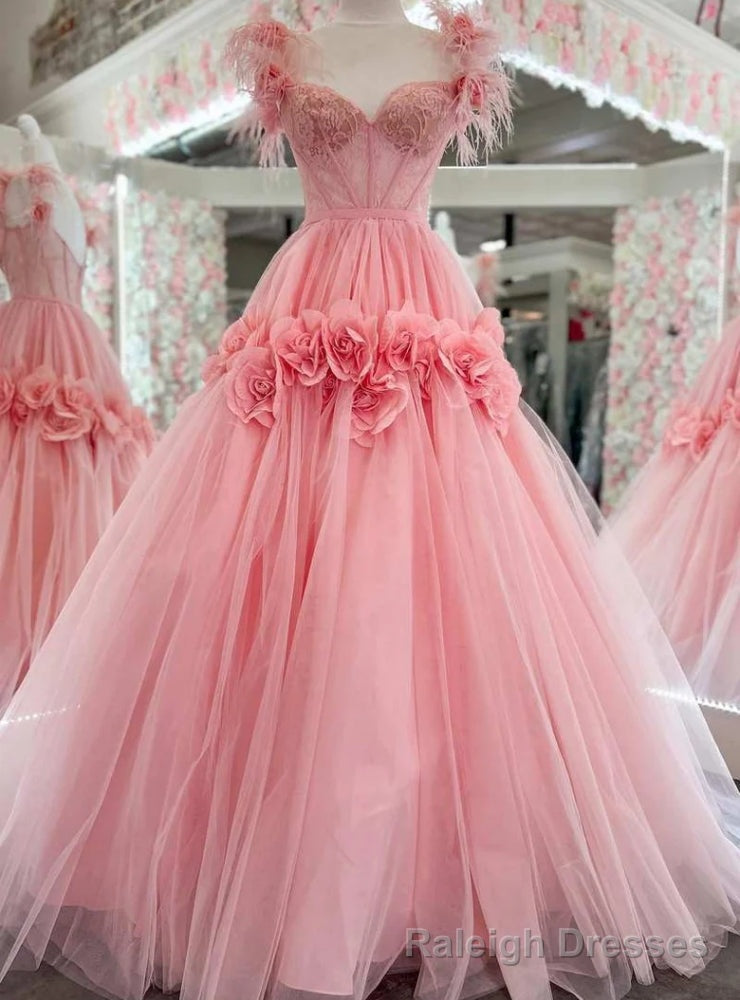 Pink Tulle Lace Straps Feather Prom Dress Main image