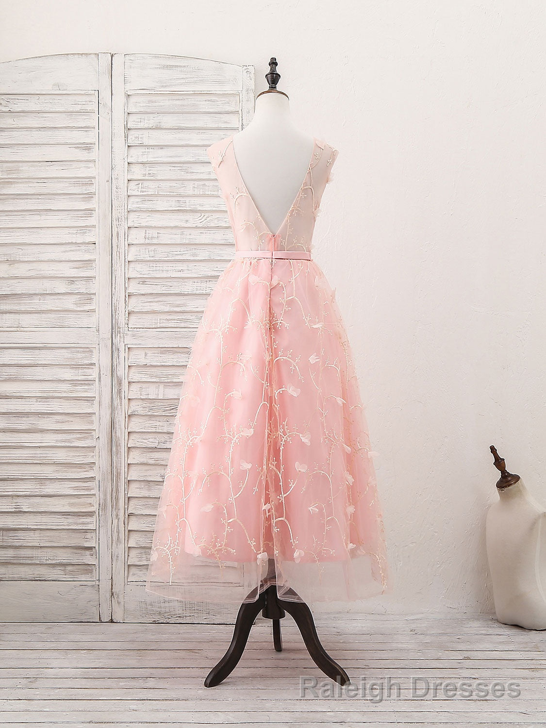 Pink Tulle Lace Tea Length Prom Dress, Pink Homecoming Dress