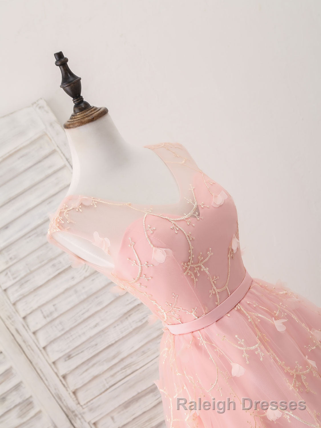 Pink Tulle Lace Tea Length Prom Dress, Pink Homecoming Dress