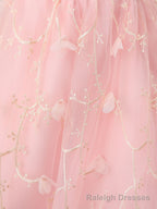 Pink Tulle Lace Tea Length Prom Dress, Pink Homecoming Dress