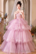 Pink Tulle Layers Long A-Line Prom Dress, Pink Sweetheart Neckline Evening Gown